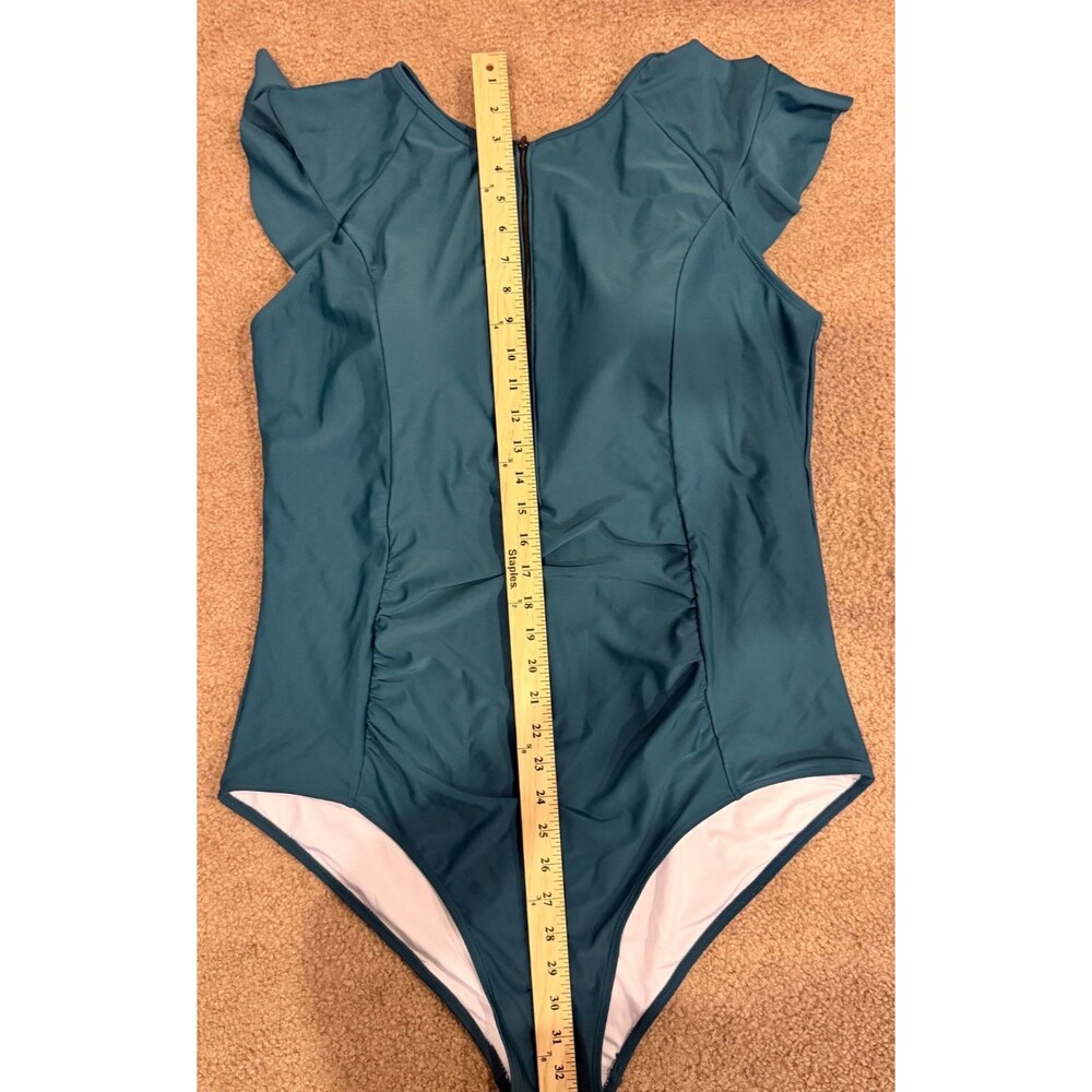 Women’s Plus Size 22W Teal One Piece Swimsuit Front Zip Flutter Sleeve Ruched - Picture 10 of 12